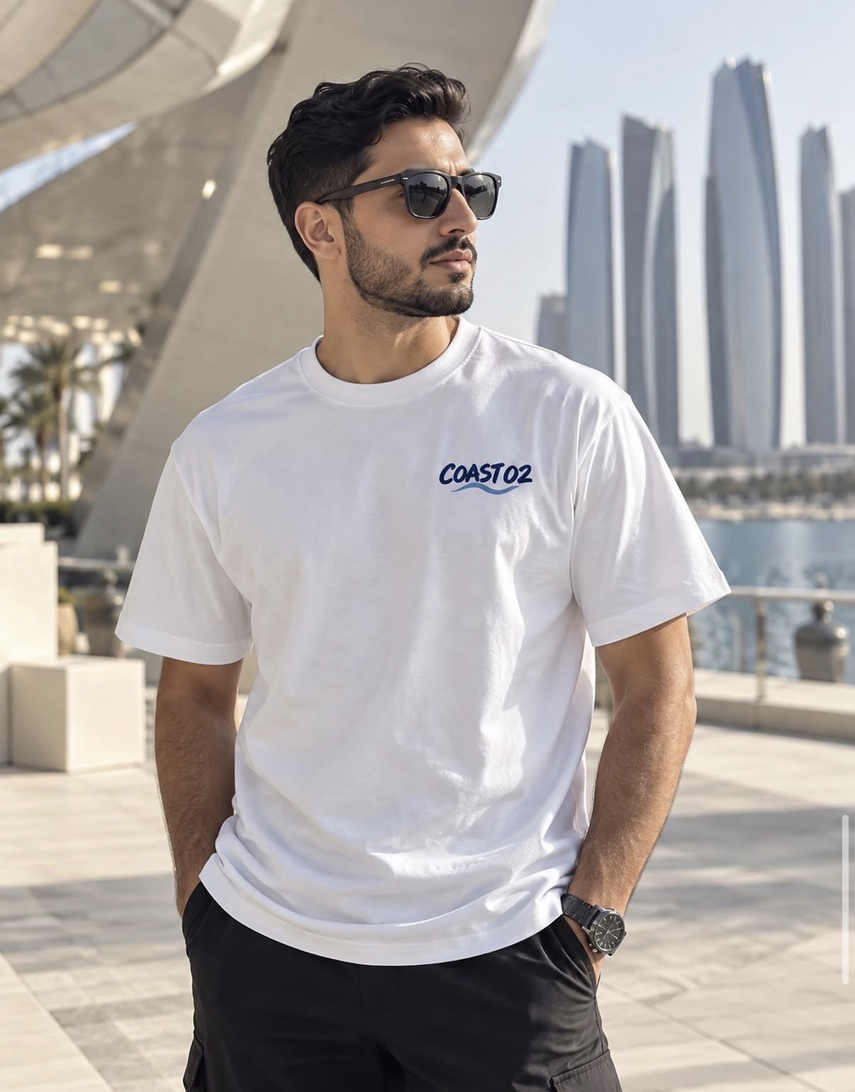 Coast 02 Abu Dhabi skyline T-shirt photographed by the waterfront
