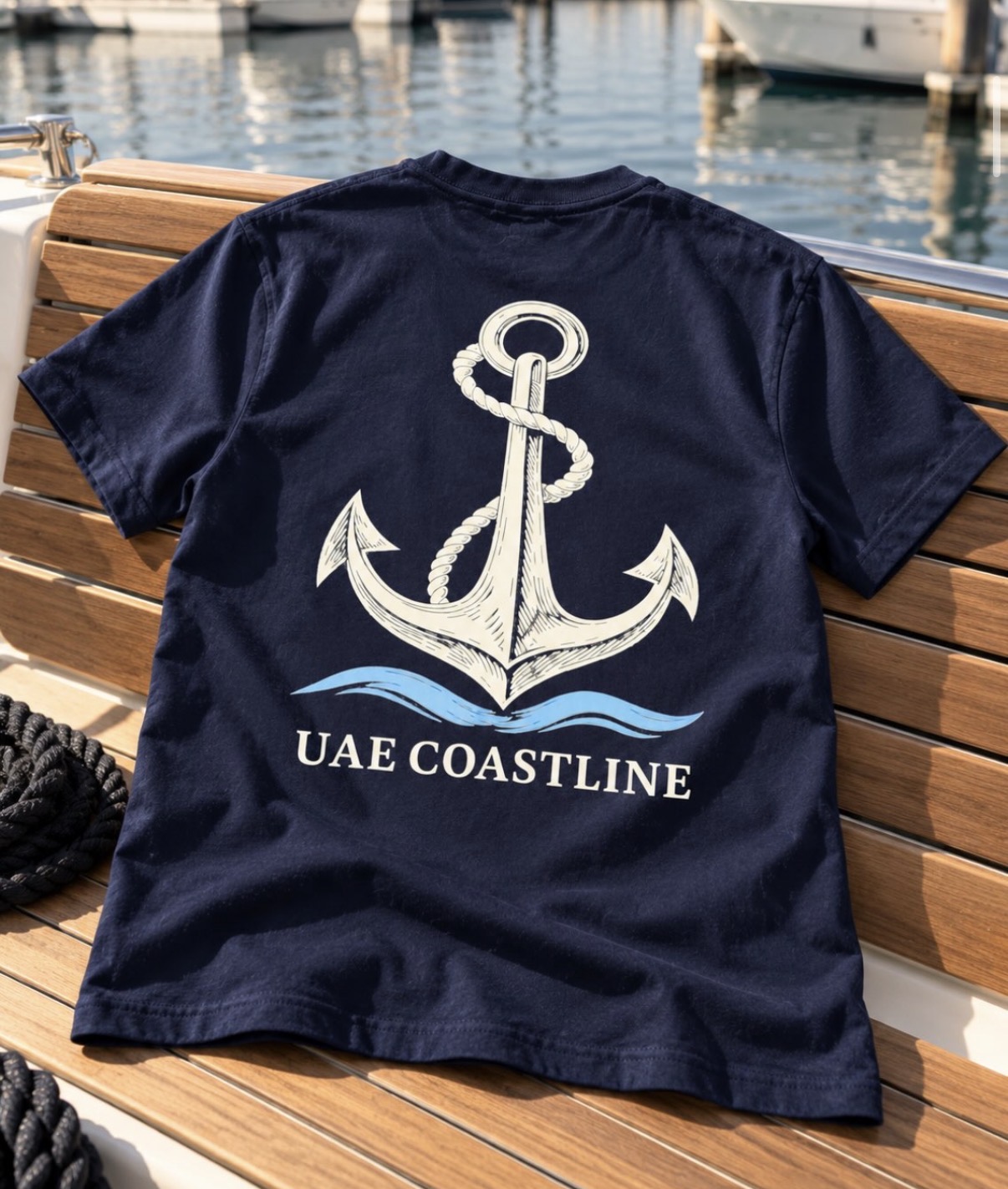 Coast 02 navy UAE Coastline T-shirt on a marina deck