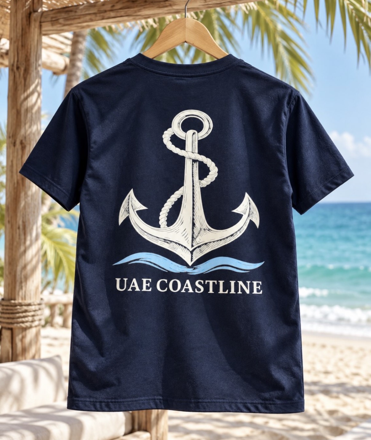 Navy Coast 02 UAE Coastline T-shirt on a beach